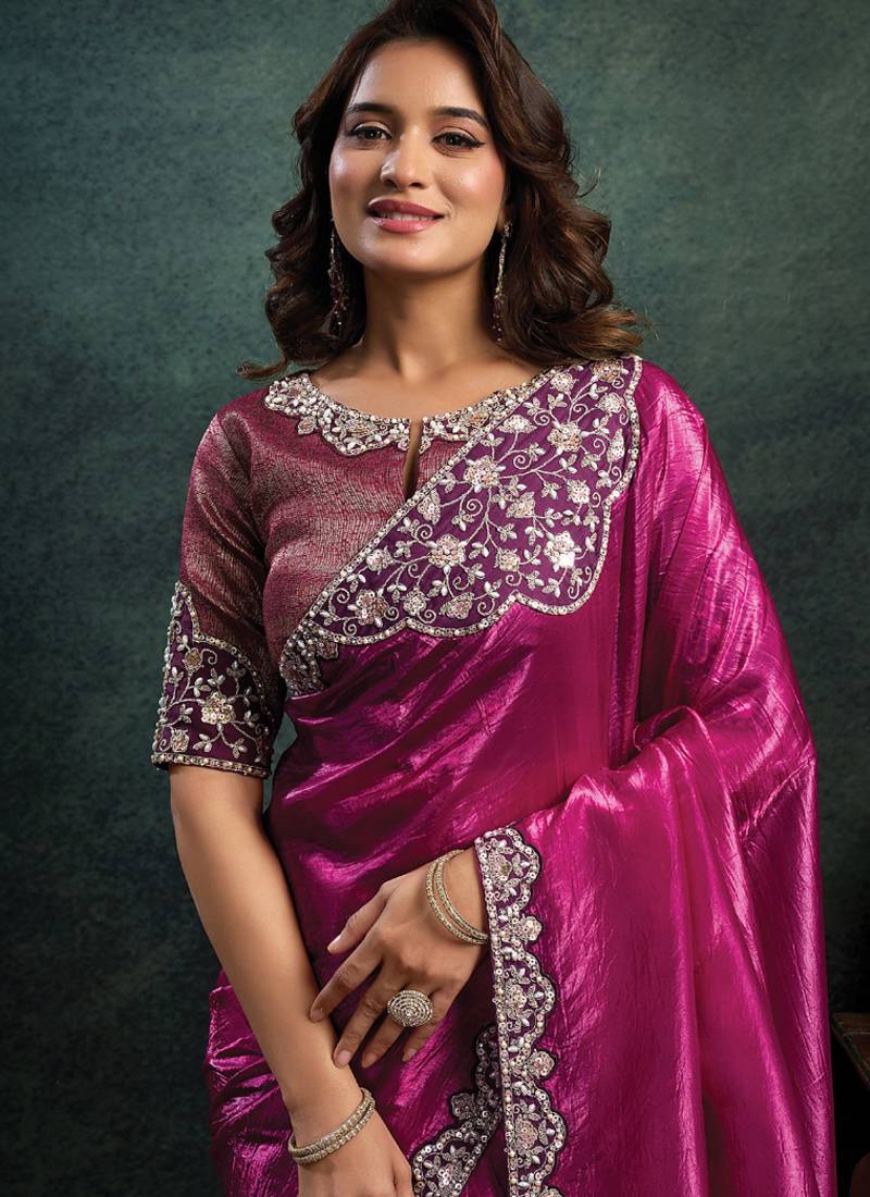 magenta crush satin sequince embroidery with pearl & stone work designer saree