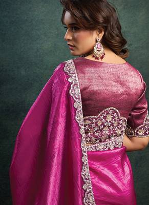 magenta crush satin sequince embroidery with pearl & stone work designer saree 4
