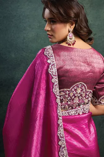 magenta crush satin sequince embroidery with pearl & stone work designer saree