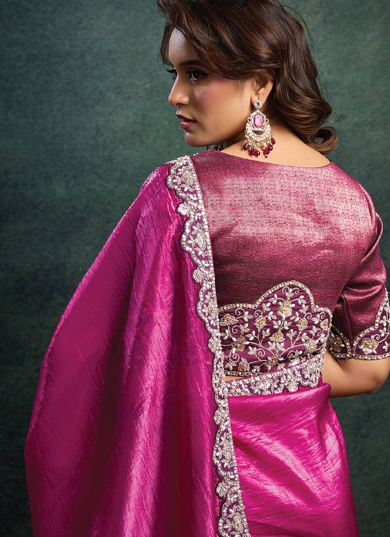 magenta crush satin sequince embroidery with pearl & stone work designer saree