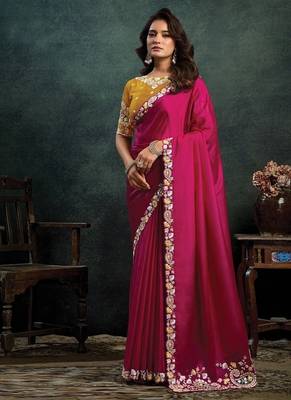 rani pink satin thread motif embroidery with stone & applique work designer saree 1