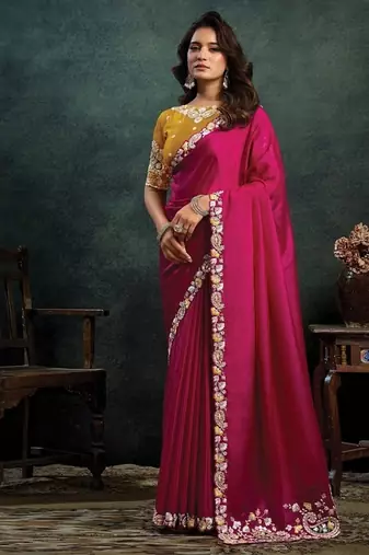 rani pink satin thread motif embroidery with stone & applique work designer saree