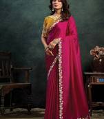 rani pink satin thread motif embroidery with stone & applique work designer saree