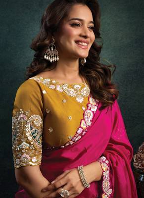 rani pink satin thread motif embroidery with stone & applique work designer saree 2