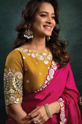 rani pink satin thread motif embroidery with stone & applique work designer saree