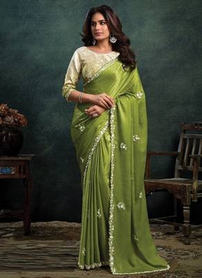 mehndi satin dual sequince embroidery with pearl & stone handwork designer saree 1