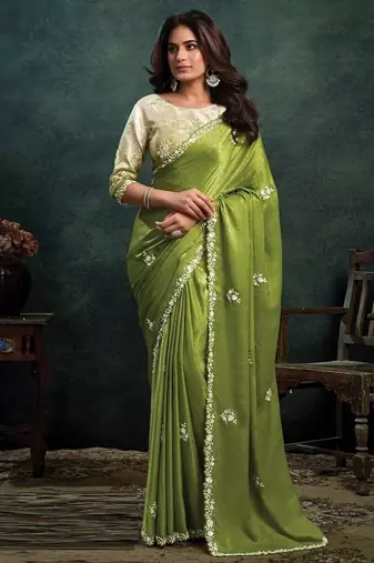 mehndi satin dual sequince embroidery with pearl & stone handwork designer saree