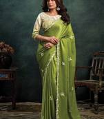 mehndi satin dual sequince embroidery with pearl & stone handwork designer saree