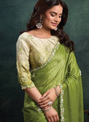 mehndi satin dual sequince embroidery with pearl & stone handwork designer saree 2