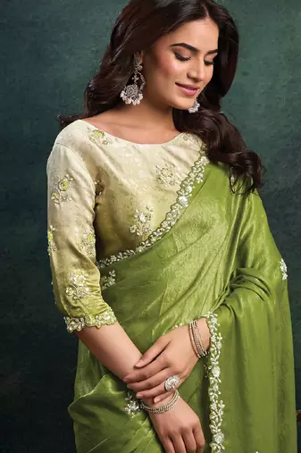 mehndi satin dual sequince embroidery with pearl & stone handwork designer saree