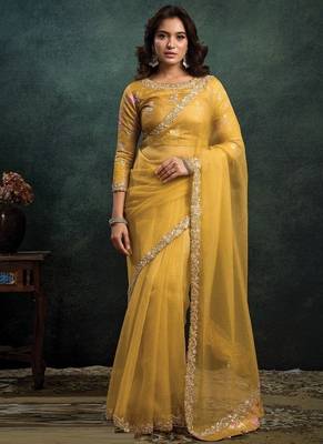 golden crush oraganza dual sequince embroidery with pearl & stone handwork designer saree 1