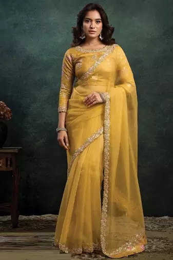 golden crush oraganza dual sequince embroidery with pearl & stone handwork designer saree