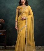golden crush oraganza dual sequince embroidery with pearl & stone handwork designer saree