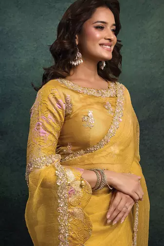 golden crush oraganza dual sequince embroidery with pearl & stone handwork designer saree
