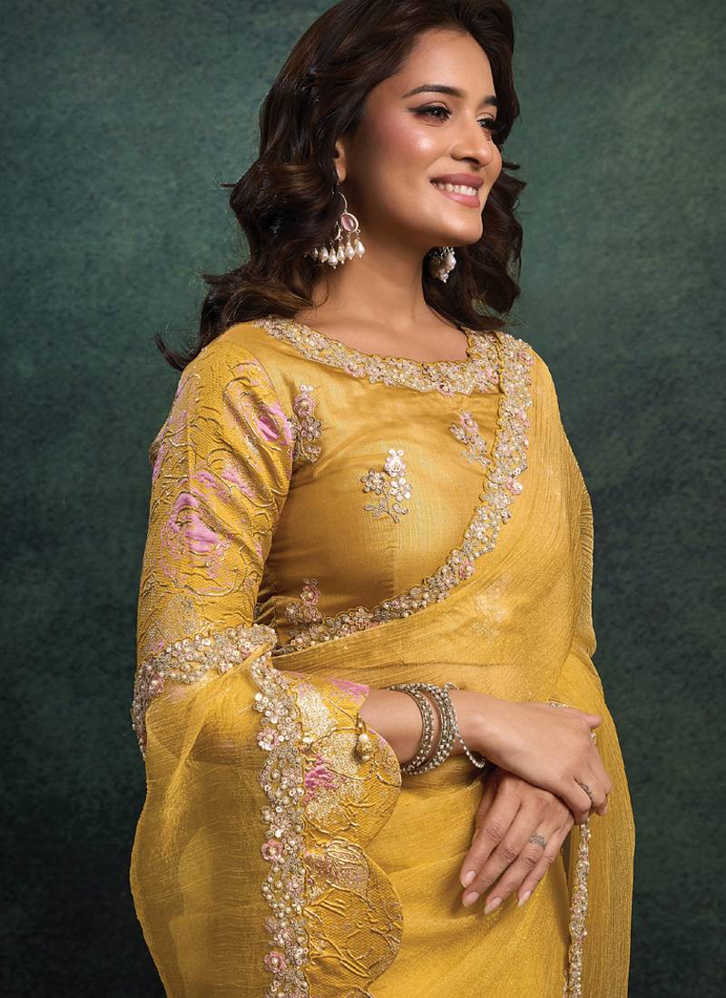 golden crush oraganza dual sequince embroidery with pearl & stone handwork designer saree