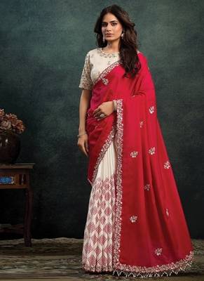 red & white printed upada with satin silk blend dual sequince embroidery with pearl handwork designer saree 1