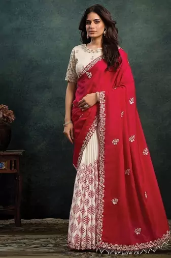 red & white printed upada with satin silk blend dual sequince embroidery with pearl handwork designer saree