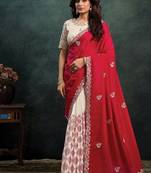 red & white printed upada with satin silk blend dual sequince embroidery with pearl handwork designer saree