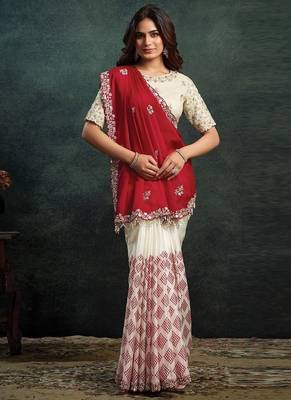 red & white printed upada with satin silk blend dual sequince embroidery with pearl handwork designer saree 2