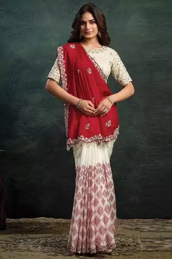red & white printed upada with satin silk blend dual sequince embroidery with pearl handwork designer saree