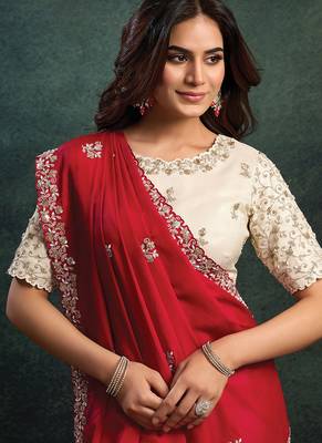 red & white printed upada with satin silk blend dual sequince embroidery with pearl handwork designer saree 3