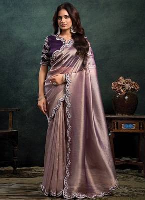 mauve zari oragnza dual sequince embroidery with pearl handwork designer saree 1
