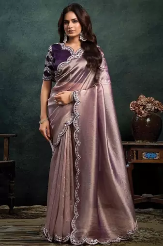 mauve zari oragnza dual sequince embroidery with pearl handwork designer saree