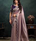 mauve zari oragnza dual sequince embroidery with pearl handwork designer saree
