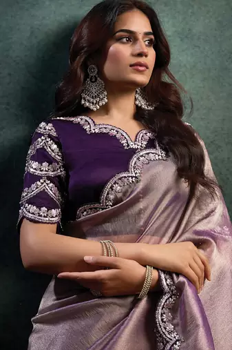mauve zari oragnza dual sequince embroidery with pearl handwork designer saree