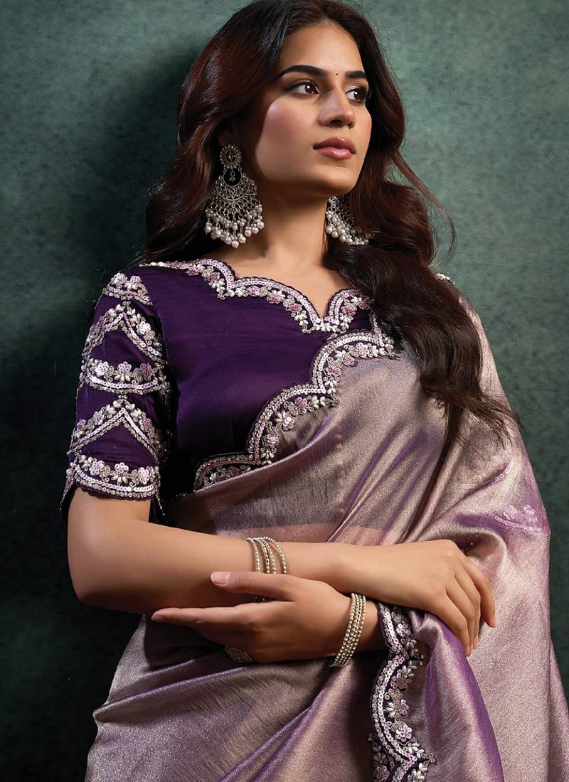 mauve zari oragnza dual sequince embroidery with pearl handwork designer saree