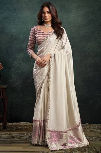white upada silk blend dual sequince embroidery with pearl handwork designer saree