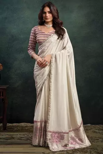 white upada silk blend dual sequince embroidery with pearl handwork designer saree