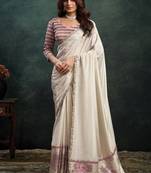 white upada silk blend dual sequince embroidery with pearl handwork designer saree