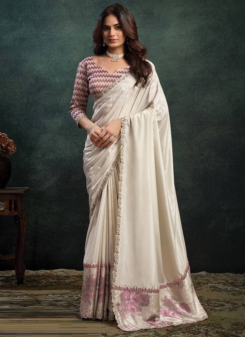 white upada silk blend dual sequince embroidery with pearl handwork designer saree