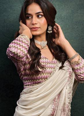 white upada silk blend dual sequince embroidery with pearl handwork designer saree 2