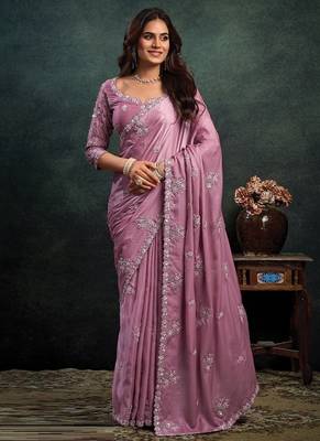 onion pink soft satin sequince embroidery with pearl handwork designer saree 1