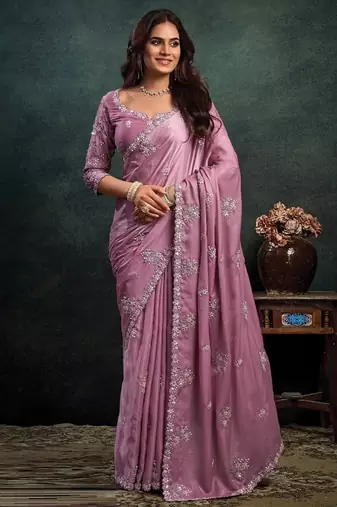onion pink soft satin sequince embroidery with pearl handwork designer saree