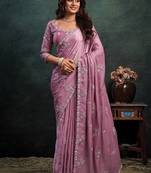 onion pink soft satin sequince embroidery with pearl handwork designer saree