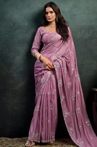 onion pink soft satin sequince embroidery with pearl handwork designer saree