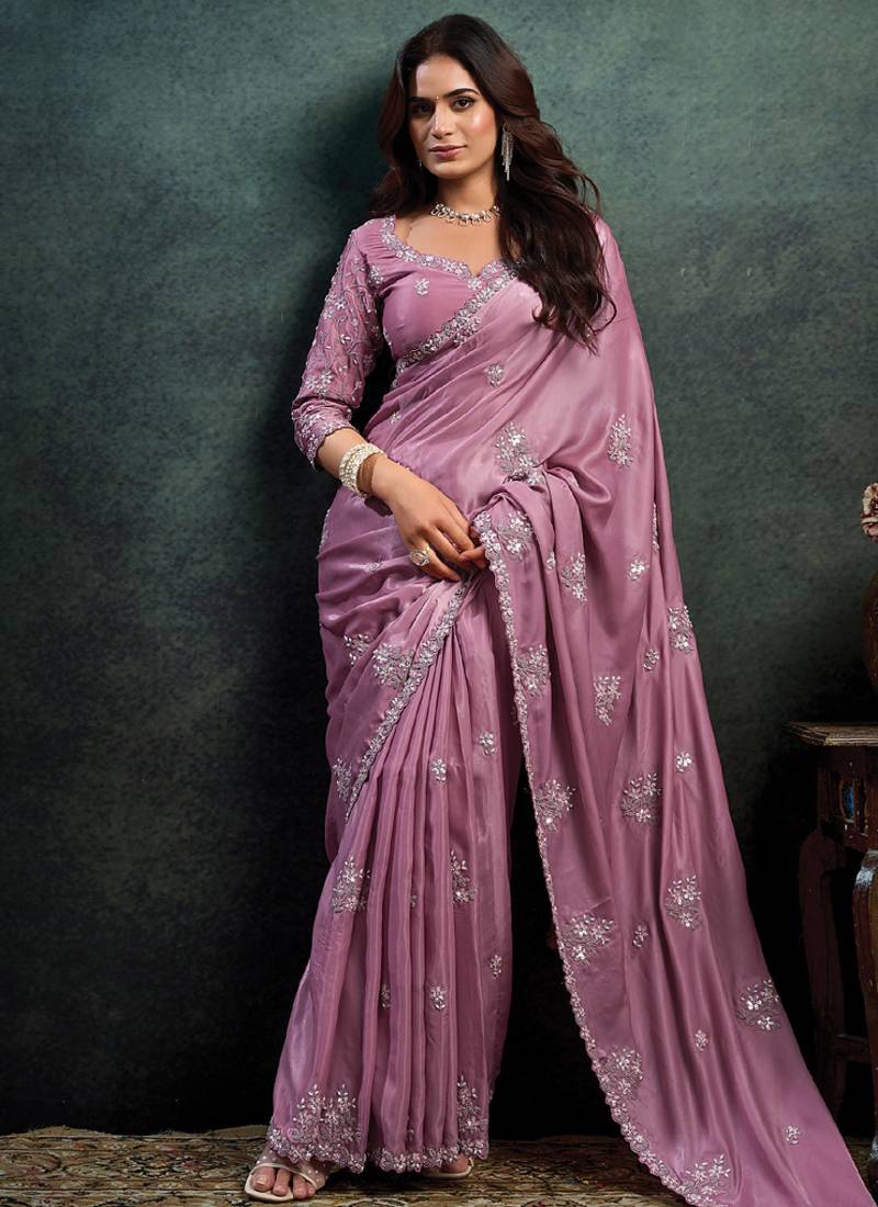 onion pink soft satin sequince embroidery with pearl handwork designer saree