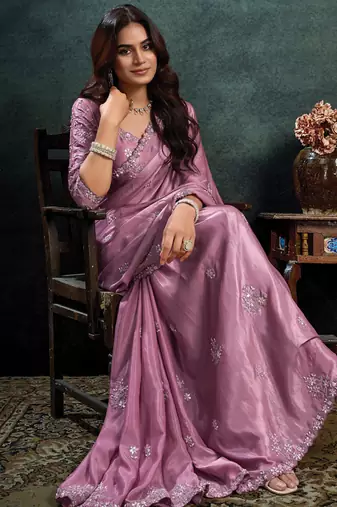 onion pink soft satin sequince embroidery with pearl handwork designer saree