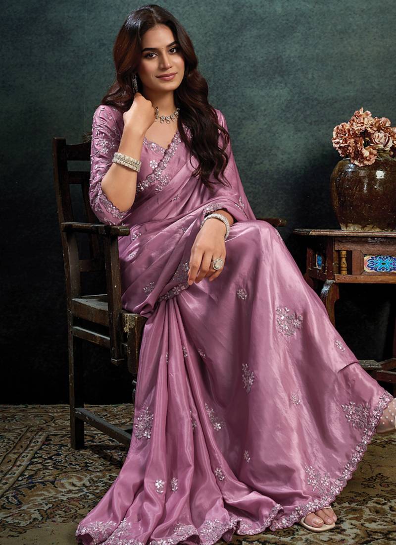 onion pink soft satin sequince embroidery with pearl handwork designer saree