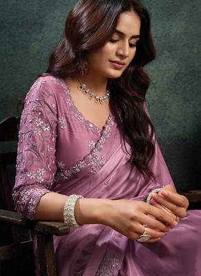 onion pink soft satin sequince embroidery with pearl handwork designer saree 4