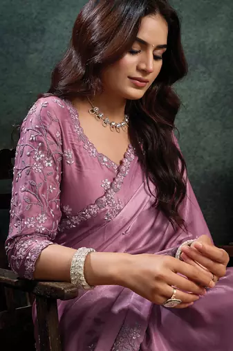 onion pink soft satin sequince embroidery with pearl handwork designer saree