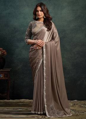 brown soft satin dual sequince embroidery with stone & applique designer saree 1