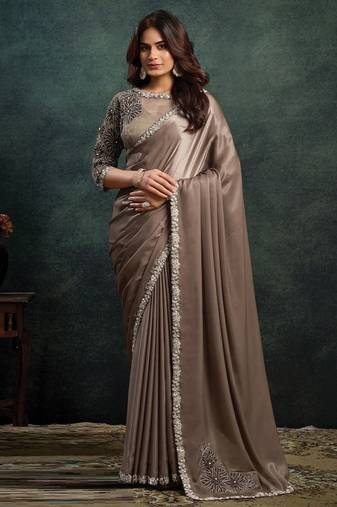 brown soft satin dual sequince embroidery with stone & applique designer saree