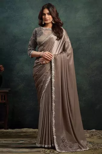 brown soft satin dual sequince embroidery with stone & applique designer saree