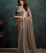 brown soft satin dual sequince embroidery with stone & applique designer saree