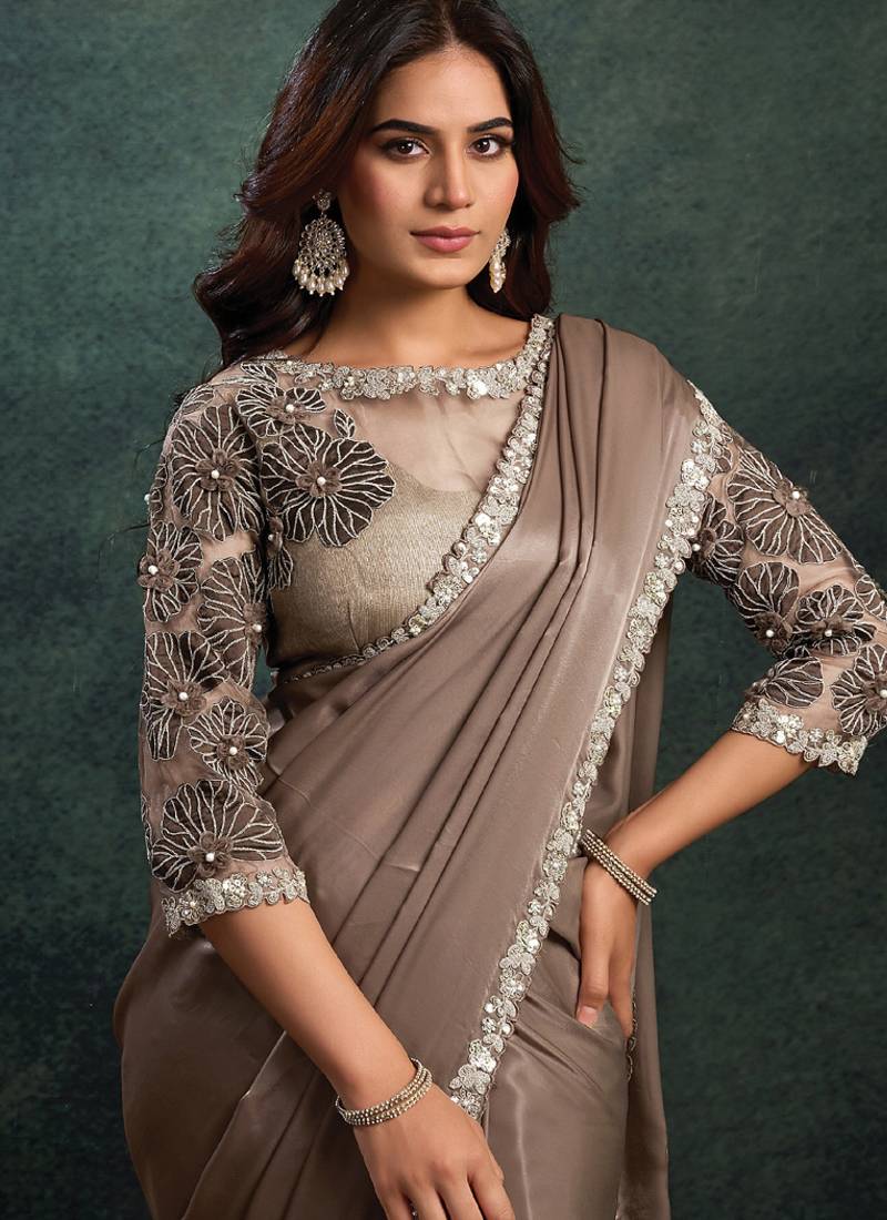 brown soft satin dual sequince embroidery with stone & applique designer saree