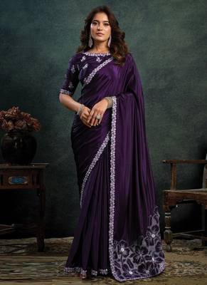 dark purple satin dual sequince embroidery with pearl & applique work designer saree 1
